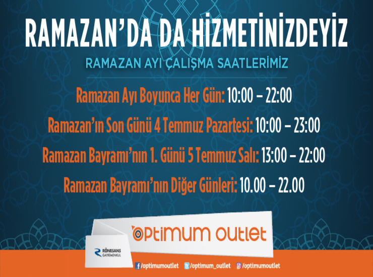 İzmir Optimum AVM Ramazan Ayı  Çalışma Saatleri 