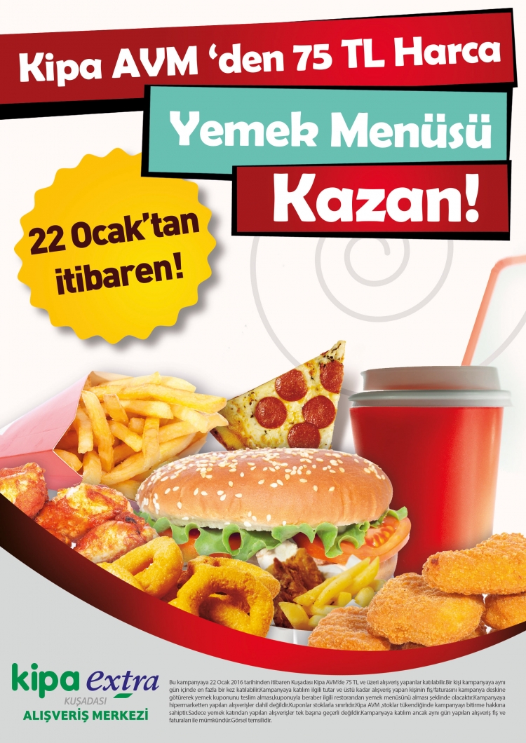 Kipa Kuşadası AVM `den 75 TL `lik Harcamaya Yemek Menüsü Hediye